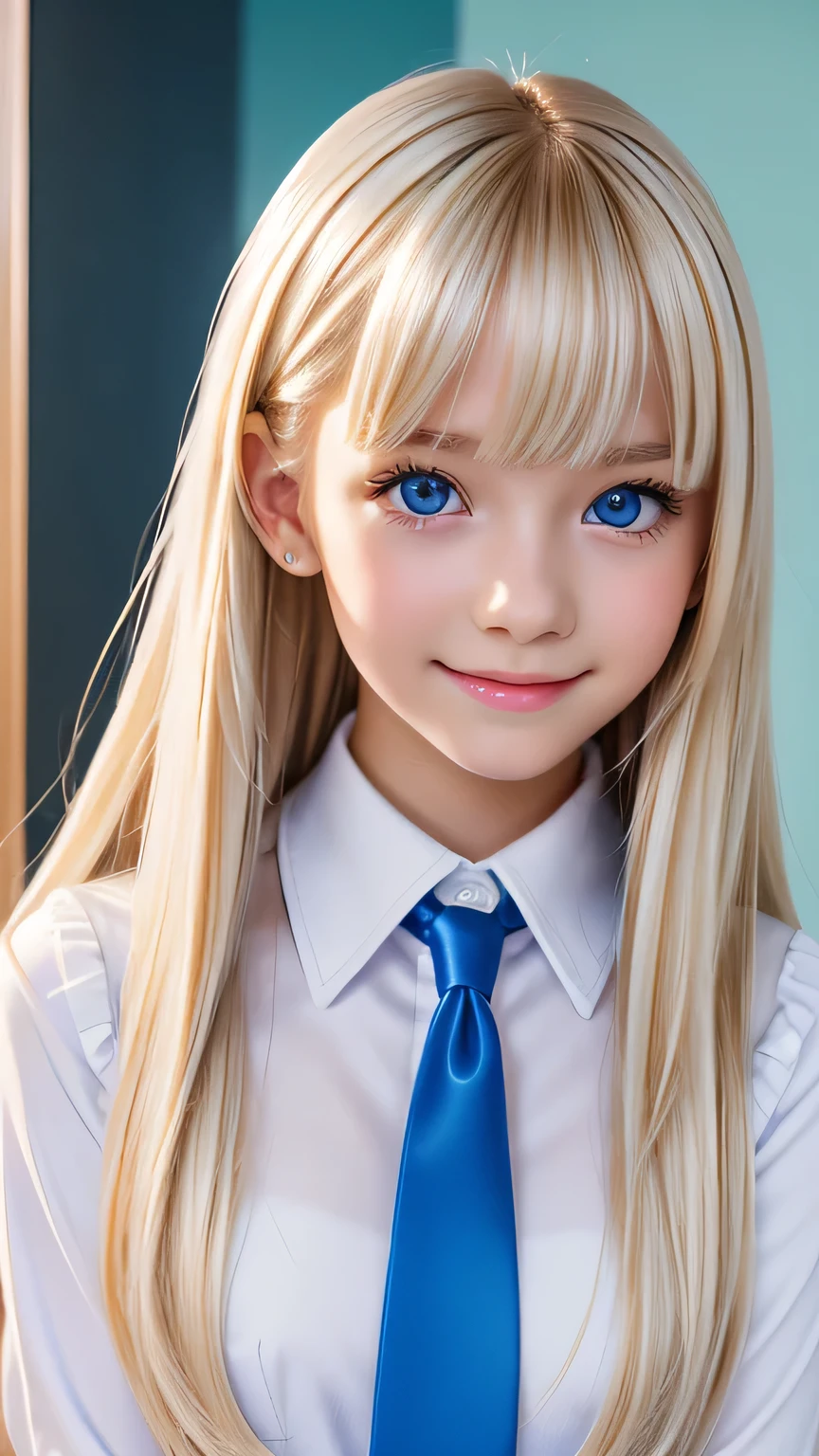 Portrait、School uniforms、Bright expression、Young, shiny, very white and bright skin、Great looks、Blonde reflection、Platinum blonde hair with highlights、Shiny bright hair,、Smooth, super long, straight hair、Shiny beautiful bangs、Sparkling, crystal clear, attractive big blue eyes、Very beautiful, lovely and cute 16 year old girl、Ample Bust