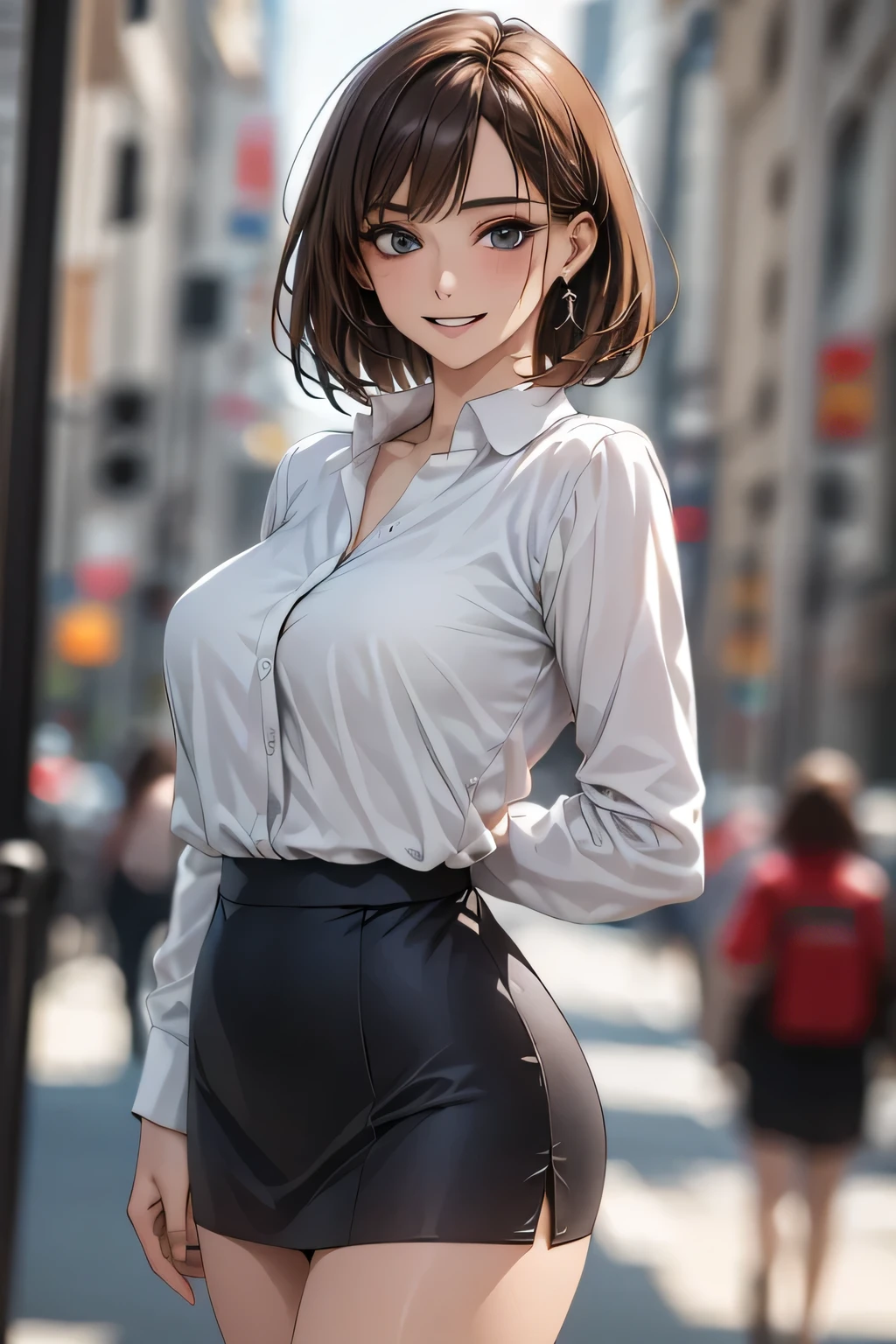 (masterpiece:1.2, Highest quality), (Realistic, photoRealistic:1.4), Beautiful illustrations, (Natural Side Lighting, Cinema Lighting),
View your viewers, Cowboy Shot, Front view, 1 girl, Middle age, Perfect Face, Beautiful symmetrical face, (Sunburn, Sunburn跡),
(Bob Hair), (Missile Chest:0.6, Captivating thighs, Big Ass), Earrings,
Beautiful Hair, Beautiful Face, Beautiful attention to detail, Beautiful clavicle, Beautiful body, Beautiful breasts, Beautiful thighs, Beautiful feet, Beautiful fingers,
((Long sleeve blue collared shirt, Navy Mini Skirt)),
(Beautiful views), evening, River side, walk, (A charming smile),