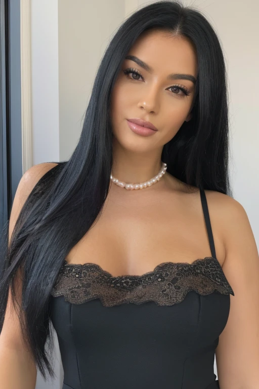 A woman with long black hair wearing a delicate pink lace dress with a pearl necklace