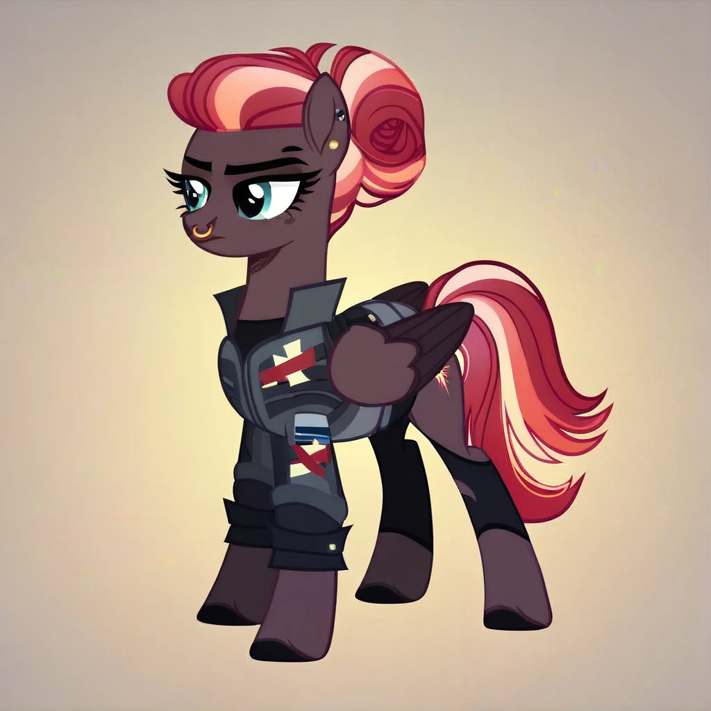 score_9, score_8_up, score_7_up, score_6_up, score_5_up, score_4_up, show accurate, full body, simple background, feral pony, female pony, cool clothes and accessories, ear piercings, nose piercing, mouth piercing, competitive look, cutiemarck, pegasus, original character