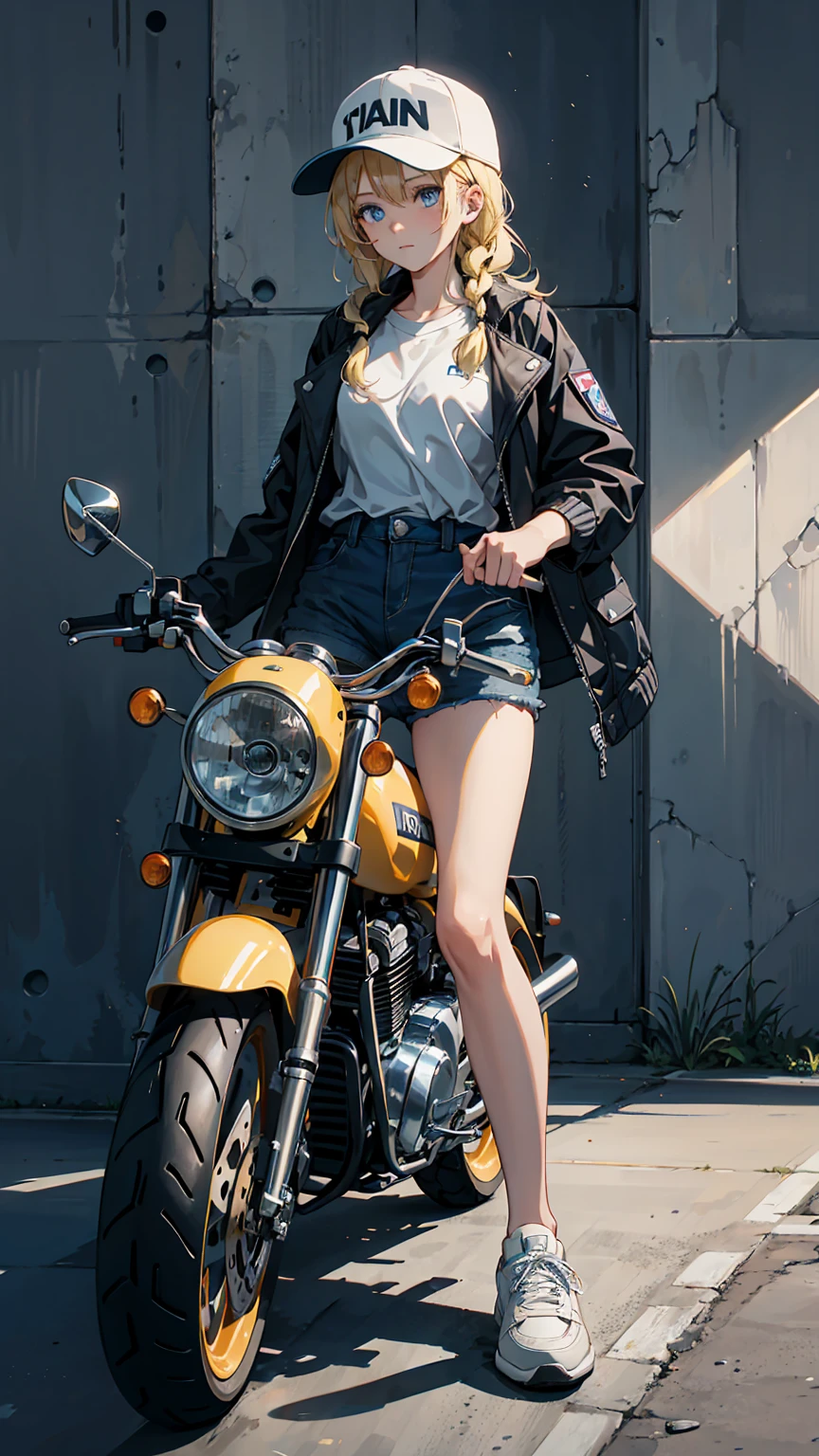 woman riding her motorcycle in black coveralls in front of wall art, One girl, motorcycle, alone, Shorts, Braiding, Ground vehicles, Have, Baseball cap, blue eyes, Blonde, car, twin Braidings, shoes, Jacket, shirt, short Shorts, black Shorts, Long Hair, whole body, sneakers