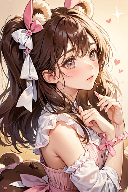 A split-colored cookie GIRL bear. One half is chocolate, the other is vanilla. She is covered in marshmallow chips and kisses and has no mouth and blushed cheeks. She wears a chocolate bow. SPARKLE; GLITTER
