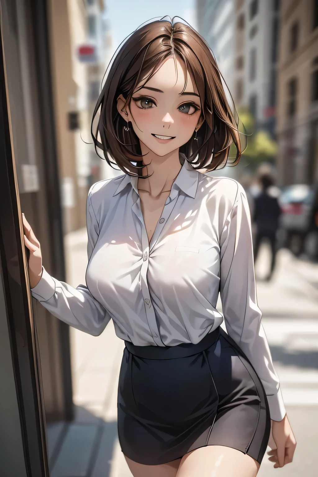 (masterpiece:1.2, Highest quality), (Realistic, photoRealistic:1.4), Beautiful illustrations, (Natural Side Lighting, Cinema Lighting), 
View your viewers, Cowboy Shot, Front view, 1 girl, Middle age, Perfect Face, Beautiful symmetrical face, (Sunburn, Sunburn跡), 
(Bob Hair), (Missile Chest:0.6, Captivating thighs, Big Ass), Earrings, 
Beautiful Hair, Beautiful Face, Beautiful attention to detail, Beautiful clavicle, Beautiful body, Beautiful , Beautiful thighs, Beautiful feet, Beautiful fingers, 
((White collared shirt with long sleeves, Navy Mini Skirt)), 
(Beautiful views), evening, River side, walk, (A charming smile, Upward glance), 
