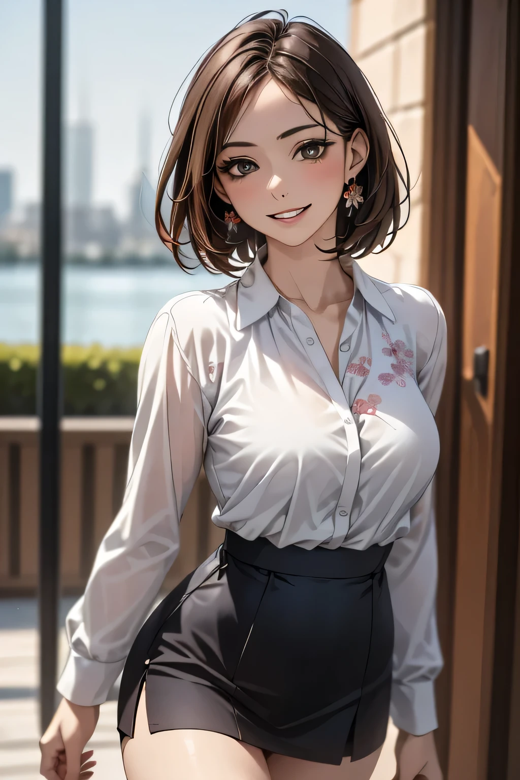 (masterpiece:1.2, Highest quality), (Realistic, photoRealistic:1.4), Beautiful illustrations, (Natural Side Lighting, Cinema Lighting),
View your viewers, Cowboy Shot, Front view, 1 girl, Middle age, Perfect Face, Beautiful symmetrical face, (Sunburn, Sunburn跡),
(Bob Hair), (Missile Chest:0.6, Captivating thighs, Big Ass), Earrings,
Beautiful Hair, Beautiful Face, Beautiful attention to detail, Beautiful clavicle, Beautiful body, Beautiful breasts, Beautiful thighs, Beautiful feet, Beautiful fingers,
((Long sleeve floral collared shirt, Navy Mini Skirt)),
(Beautiful views), evening, River side, walk, (A charming smile, Upward glance),