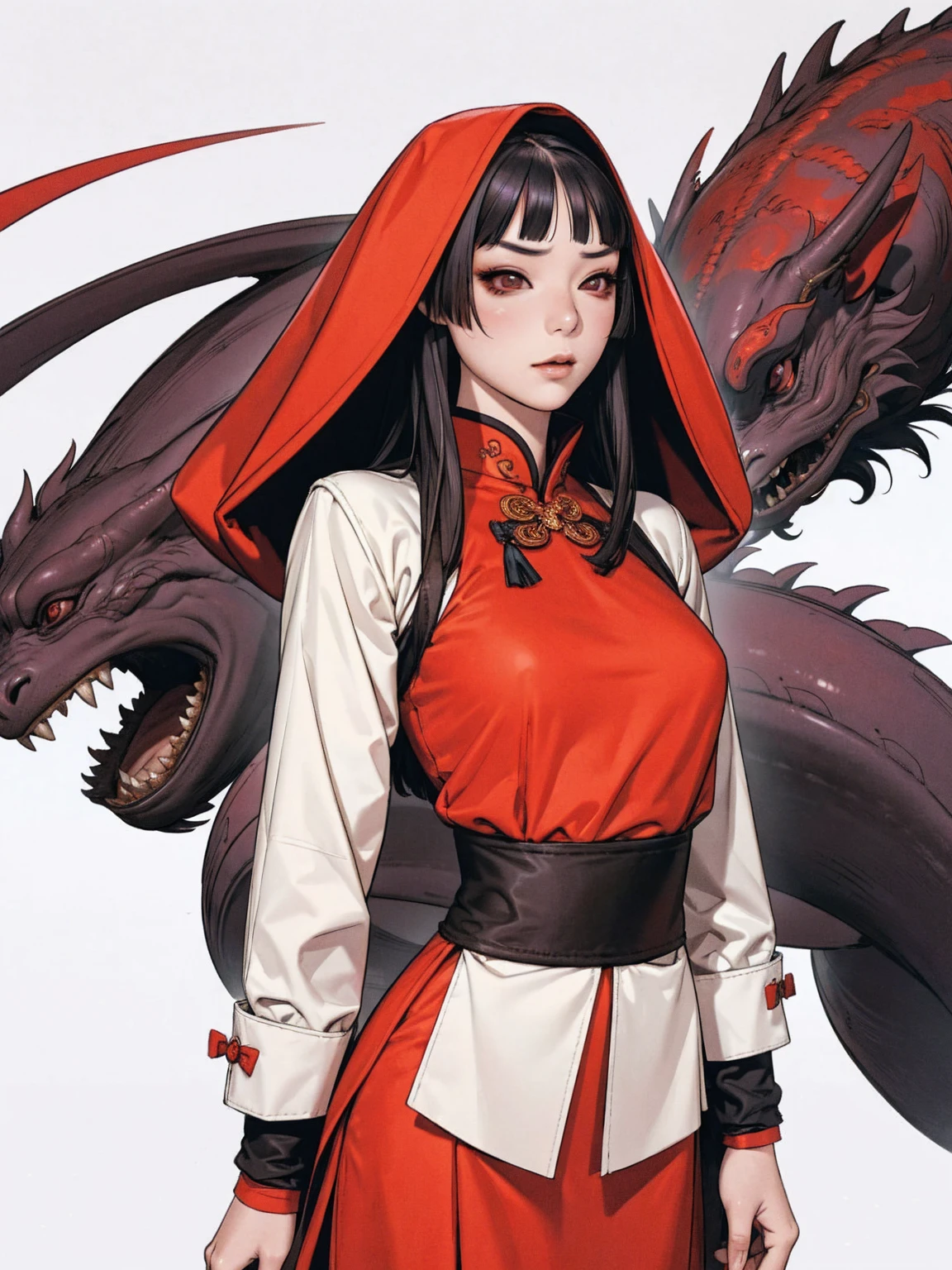 A Chinese girl in a red technological outfit with a dragon-shaped hood, scale print, beautiful girl with long black hair with straight bangs covering her entire forehead, slanted eyes with typical Chinese makeup, very white skin, super modern clothes, high collar, long garter ribbon, background with chinese temples