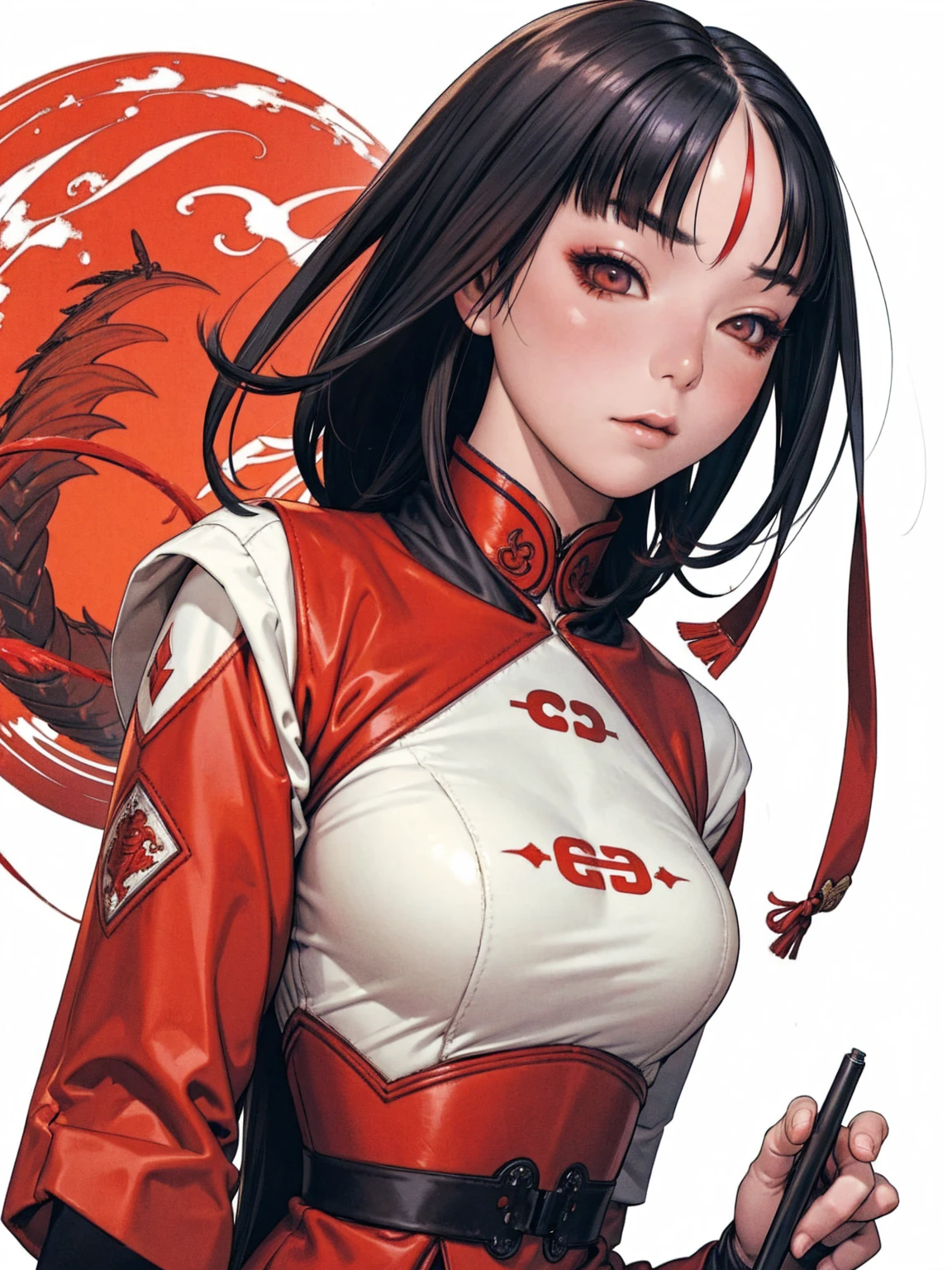 A Chinese girl in a red technological outfit with a dragon-shaped hood, scale print, beautiful girl with long black hair with straight bangs covering her entire forehead, slanted eyes with typical Chinese makeup, very white skin, super modern clothes, high collar, long garter ribbon, background with chinese temples