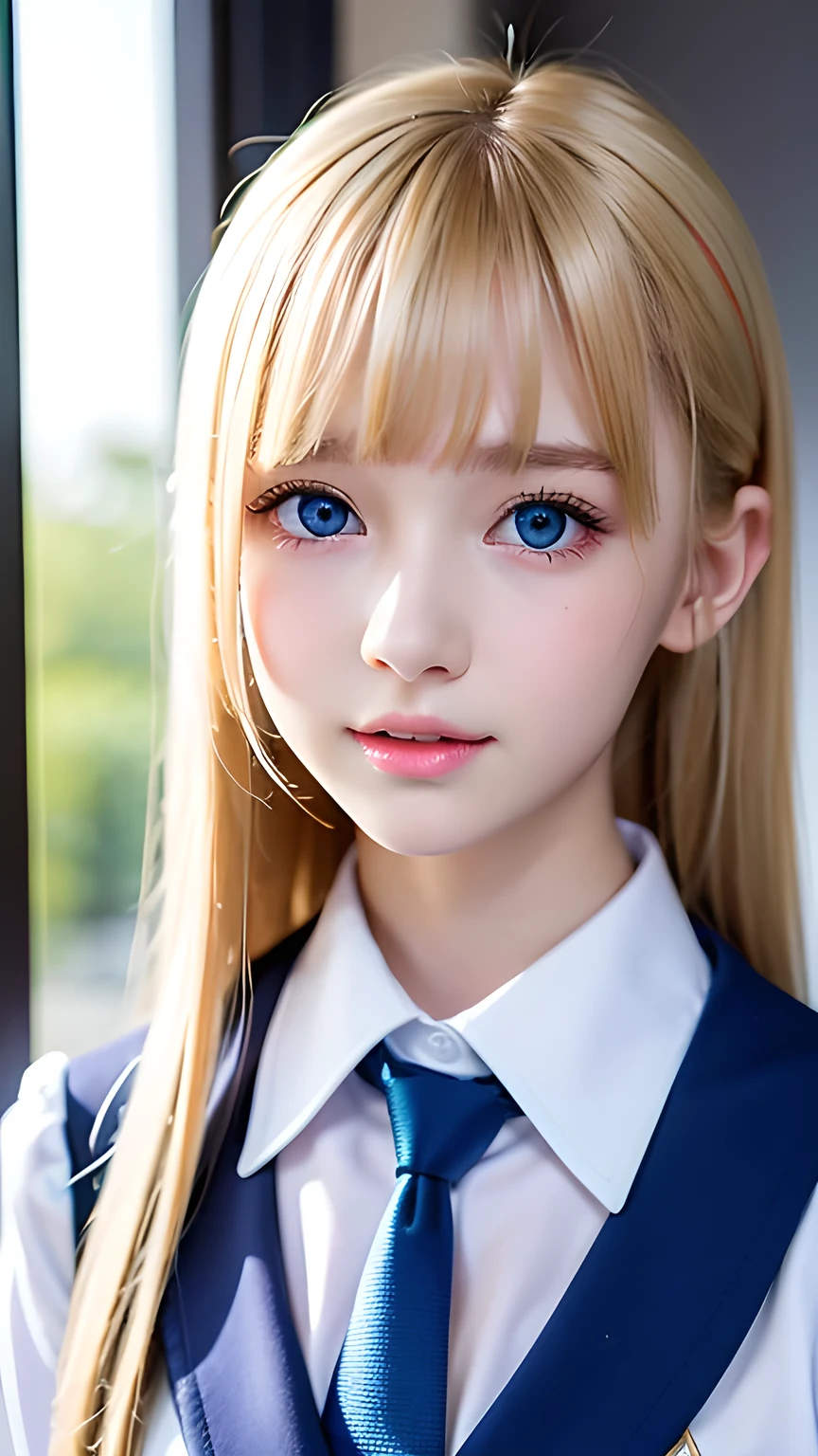 Portrait、School uniforms、Bright expression、Young, shiny, very white and bright skin、Great looks、Blonde reflection、Platinum blonde hair with highlights、Shiny bright hair,、Smooth, super long, straight hair、Shiny beautiful bangs、Sparkling, crystal clear, attractive big blue eyes、Very beautiful, lovely and cute 16 year old girl、Ample Bust