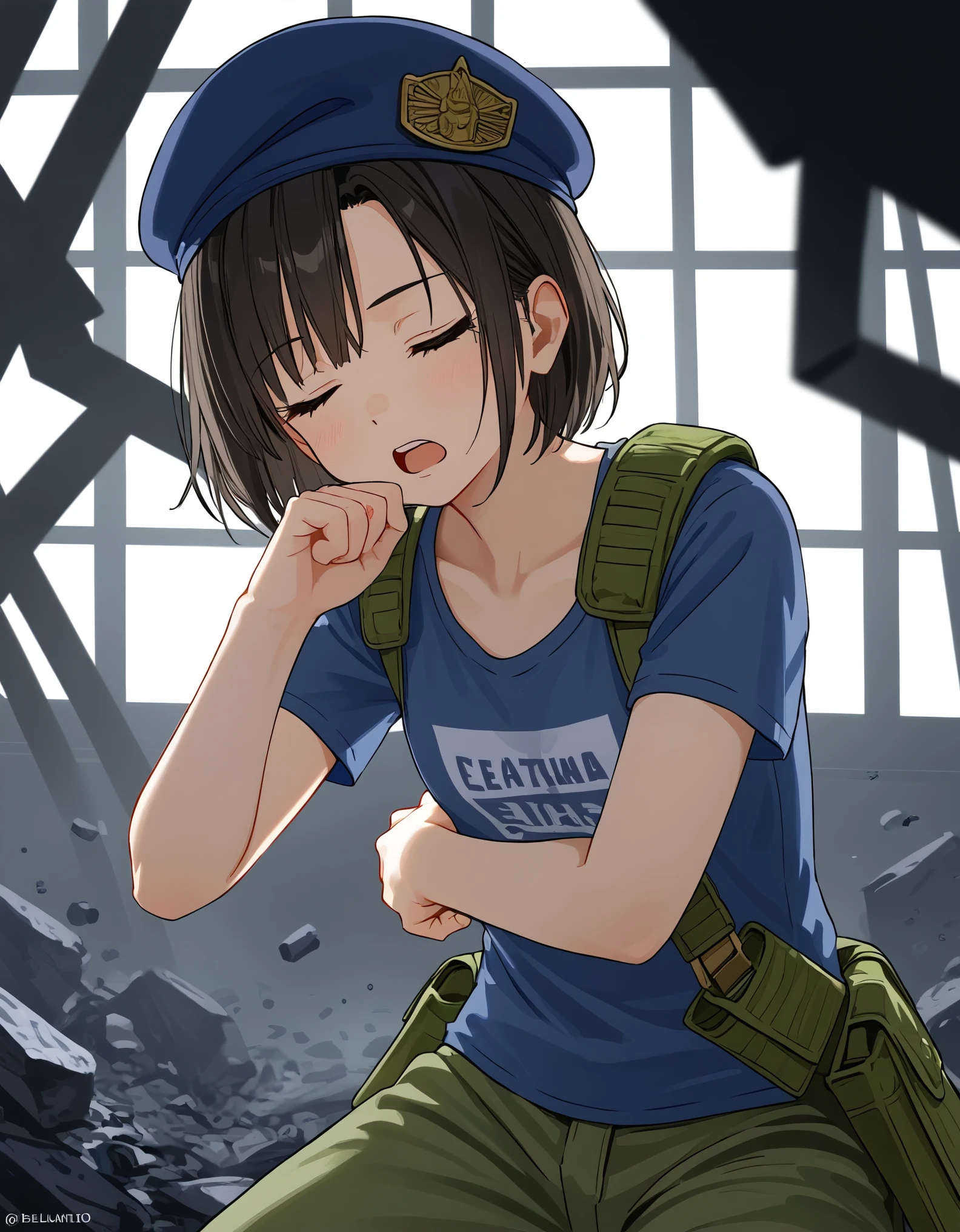 Digital illustration featuring a young woman in a detailed, semi-realistic art style. The layout is vertical, with the subject positioned centrally. The woman Jill Valentine has short, dark hair and is wearing a blue beret with a gold emblem, a blue t-shirt with a matching emblem on the chest, and green cargo pants. She appears to be in a state of exhaustion, yawning with her eyes closed and her hand on her chin. The background depicts a dilapidated, dimly lit corridor with broken windows and debris, suggesting a post-apocalyptic or abandoned setting. The lighting is dramatic, with light streaming in from the windows, casting shadows and highlighting the textures and details of the scene. anime, anatomicamente correto, super detalhado, alta qualidade, 4K, anatomicamente correto, altos detalhes, superdetalhado, 4K