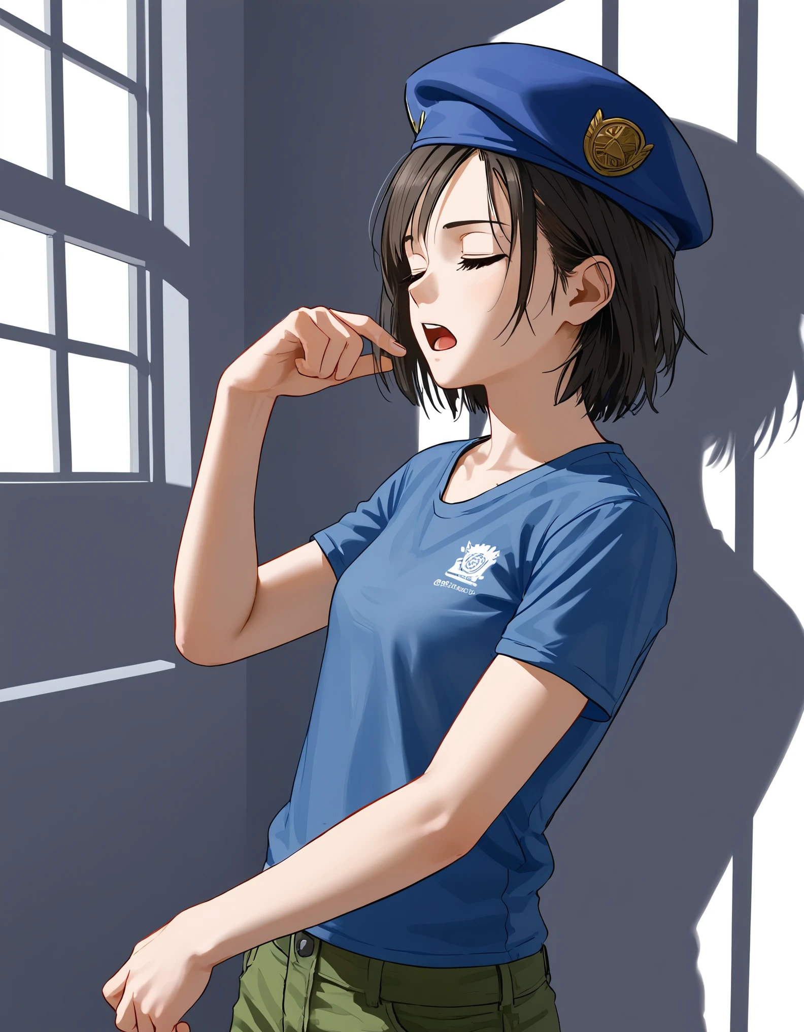 Digital illustration featuring a young woman in a detailed, semi-realistic art style. The layout is vertical, with the subject positioned centrally. The woman Jill Valentine has short, dark hair and is wearing a blue beret with a gold emblem, a blue t-shirt with a matching emblem on the chest, and green cargo pants. She appears to be in a state of exhaustion, yawning with her eyes closed and her hand on her chin. The background depicts a dilapidated, dimly lit corridor with broken windows and debris, suggesting a post-apocalyptic or abandoned setting. The lighting is dramatic, with light streaming in from the windows, casting shadows and highlighting the textures and details of the scene. anime, anatomicamente correto, super detalhado, alta qualidade, 4K, anatomicamente correto, altos detalhes, superdetalhado, 4K