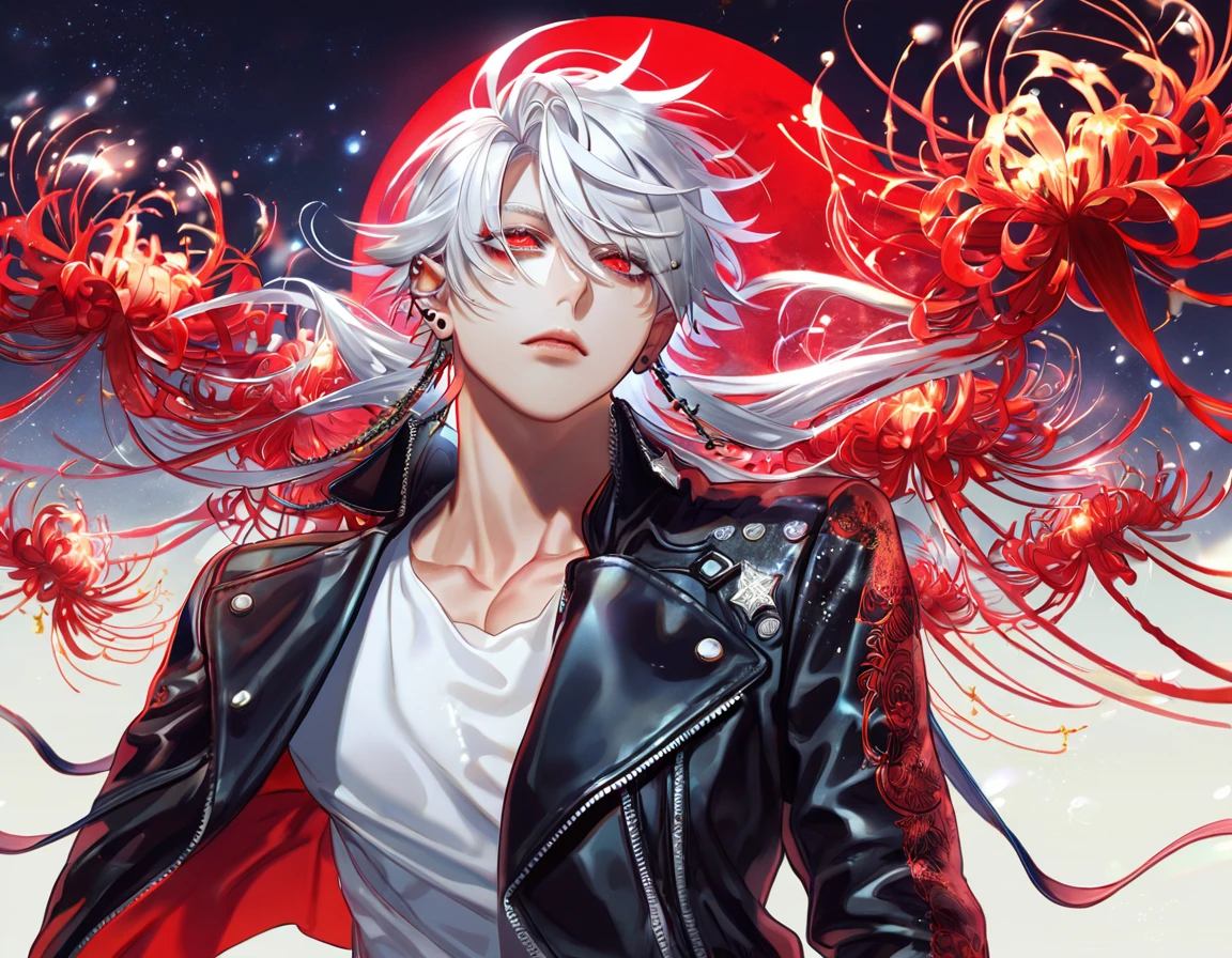 absurdres, highres, ultra detailed, HDR, master piece, best quality, extremely detailed, Aohitsugi Samatoki, chin length white hair, expressive red eyes, long eyelashes, Hypnosis Mic, black leather jacket, white T-shirt, solo, sexy man, handsome, sensual, ear piercings, fantasy, red blood water, sparkling, red glittering fireflies, red moon, red blossoms, red spider lilies, red sparkling lights, starry sky, magical
