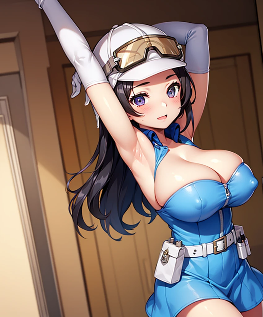 1 girl, solo, oppai , young girl, asahismt, long hair, black hair, helmet, goggles, gloves, dress, elbow gloves, huge breasts, cleavage, arms up, armpits