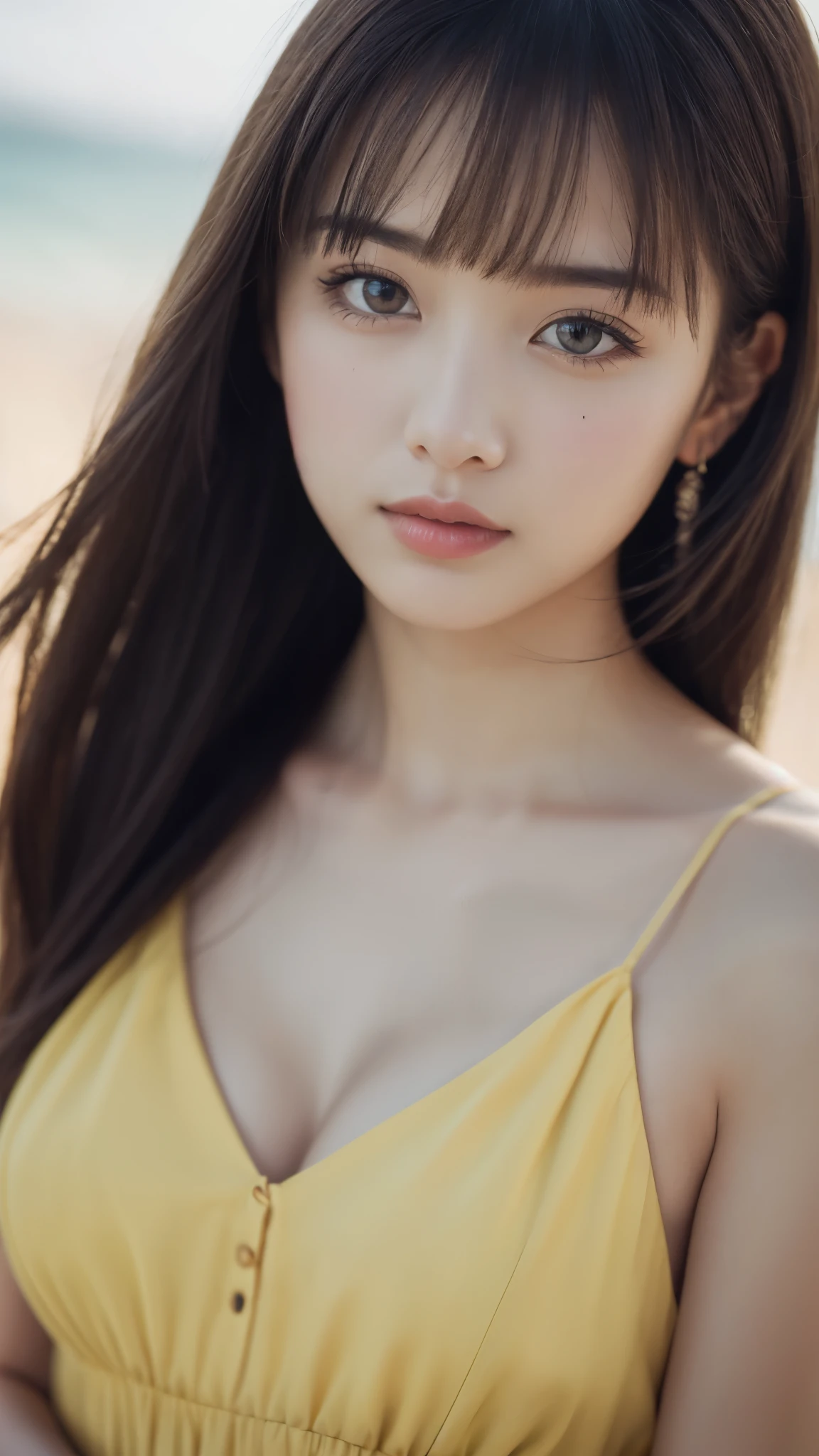nsfw, masterpiece, Highest quality, 8k, 1 girl, 20 I, Looking into the camera、Shortcuts、Vague expression, close, close up of face, alone, cute, Girlish, Delicate girl, Pure beauty, RAW Photos, Professional photography, Portraiture, Soft Light, Professional Lighting, Backlight, I look forward to seeing you, Sophisticated, Film Grain, (Eye and facial details:1.0), Big breasts and long hair floating, Yellow dress、Beautiful, flowing hair, Hunchback、bangs, (Body facing forward,Face to face:1.3), whole body
