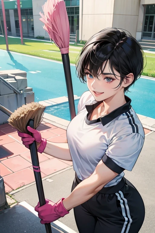 A muscular mature woman with short black hair and wearing a short-sleeved, long-pants gym uniform is cleaning the schoolyard with a broom while wearing large pink rubber gloves and smiling gently.