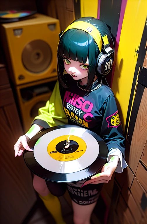 ((18-year-old punk girl)),((Green and yellow British punk fashion:1.5)),(light black hair:1.5、Messy permed hair)Studded clothing、((Holding a record:1.5))、((He has a big speaker on his back))、（Narrow and small eyes）,Wacky makeup、Breast augmentation, (masterpiece), (High resolution), (Very delicate), nightmare, Doll-like face, Manga style, Horror elements, Comic style illustration, Japanese painting, phantom, (Spooky), Japan sculpture, crazy illustration, antique, Dark atmosphere, Flat Illustration,Spookyな外観, Unique atmosphere、music、live house、Headphones
