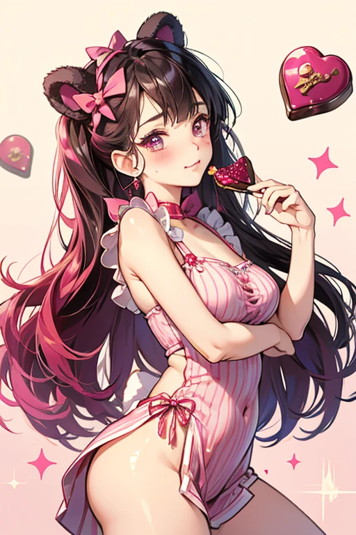 Goodie Luck is a fortune cookie GIRL bear with blushed cheeks who winks with no mouth. She wears a raspberry crimped, candy wrapped bow on her ear. Sticking out of her side is a fortune. SPARKLE; GLITTER