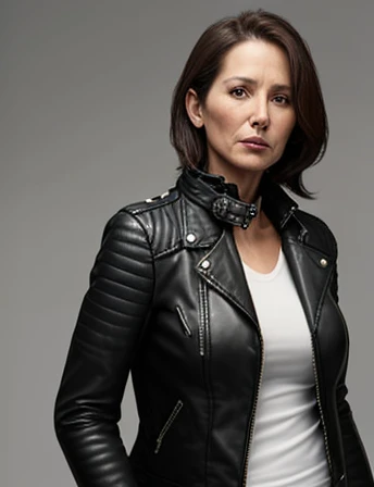 Woman forty-five years old wearing a leather jacket with a collar