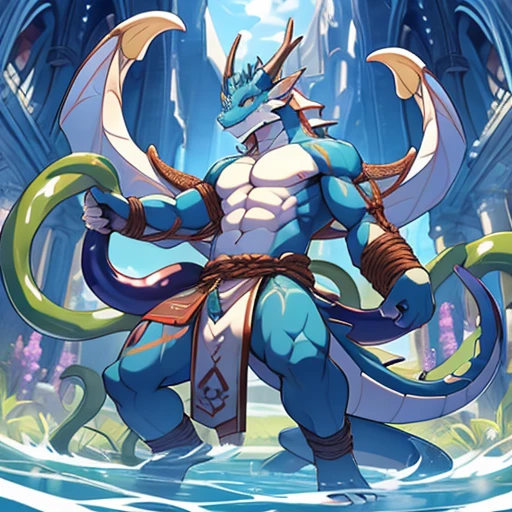 (Masterpiece), (Excellent), (Extremely fine), White dew, Square, Dragon tail horn, tentacles entangled all over the body、Tentacle mouth、The tentacles are inserted into the holes of the body、drools、detailed full body,Wrapped in tentacles, Entangled in tentacle bondage, Sucked by tentacles、Correct body and limbs、detailed full body,white loincloth