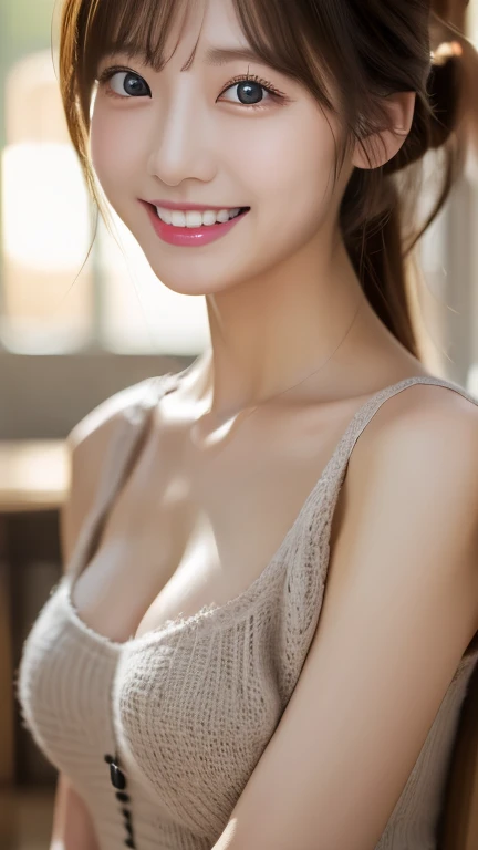 ((Highest quality、8k、masterpiece:1.3))、(Cafe)、Young Japanese woman,(Anatomically correct body)、（Perfect Body Beauty:1.2）、Highly detailed beautiful face、Beautiful skin texture、(Cute smile)、(Well-formed eyes、Beautiful Eyes)、double eyelid、Large Breasts、Beautiful long legs、(Looking into the camera)、I can see her cleavage、Slim Abs:1.2、ponytail、Sit on a chair