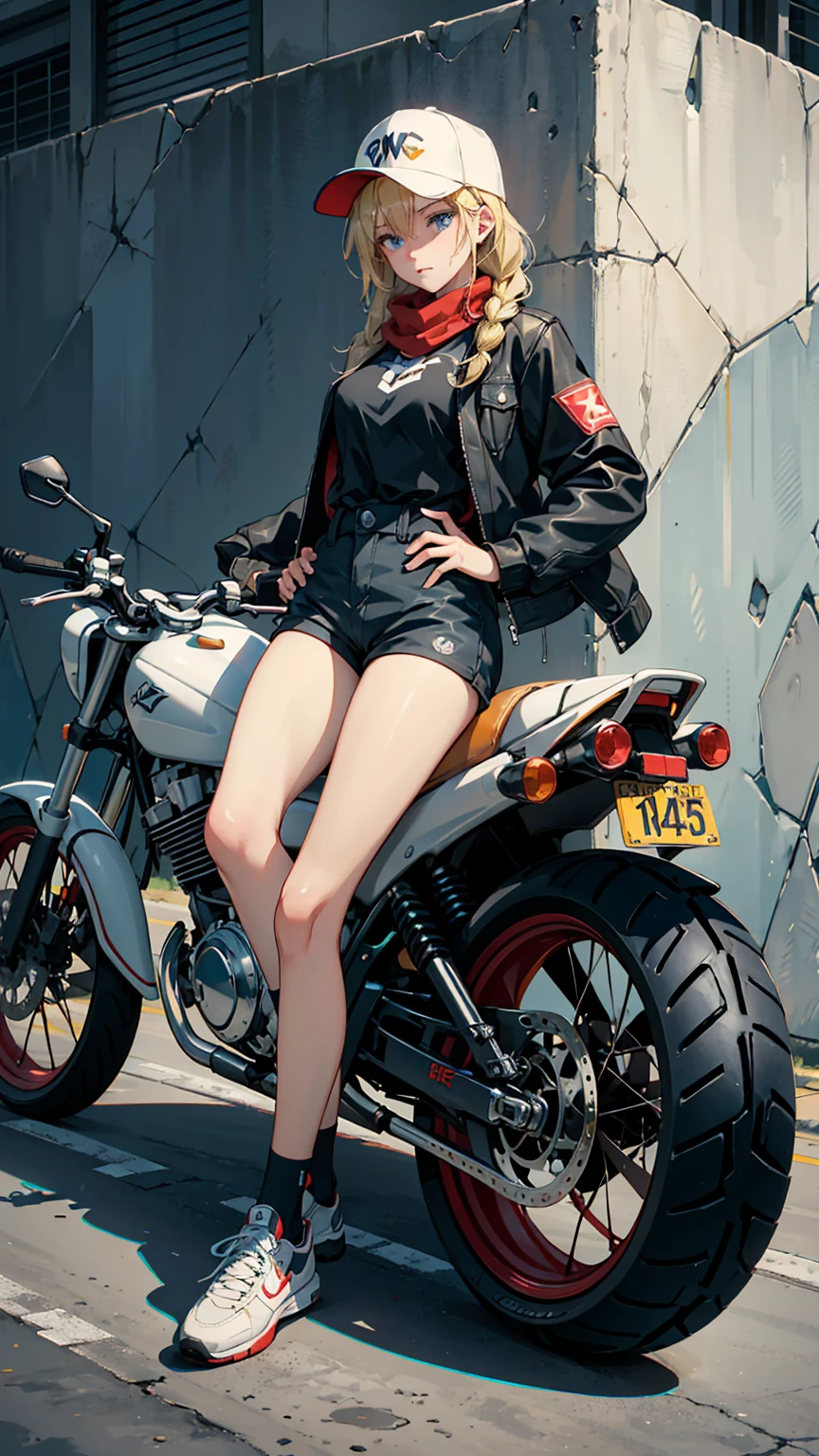 woman riding her motorcycle in black coveralls in front of wall art, One girl, motorcycle, alone, Shorts, Braiding, Ground vehicles, Have, Baseball cap, blue eyes, Blonde, car, twin Braidings, shoes, Jacket, shirt, short Shorts, black Shorts, Long Hair, whole body, sneakers, Red scarf