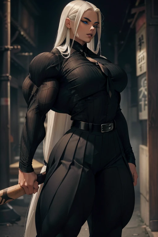 ((Close-up)), tall, (White hair) beautiful muscular woman, long straight hair, light brown skinned, closed smile, (black lipstick), (massive muscles), (hyper muscle), ((ginormous bulky muscles)), glowing blue eyes, (((black long sleeve pleated shirt))), ((formal pants)), (fingerless gloves), (carrying a baseball bat), (neck tie), boots, night in Japan alley, 