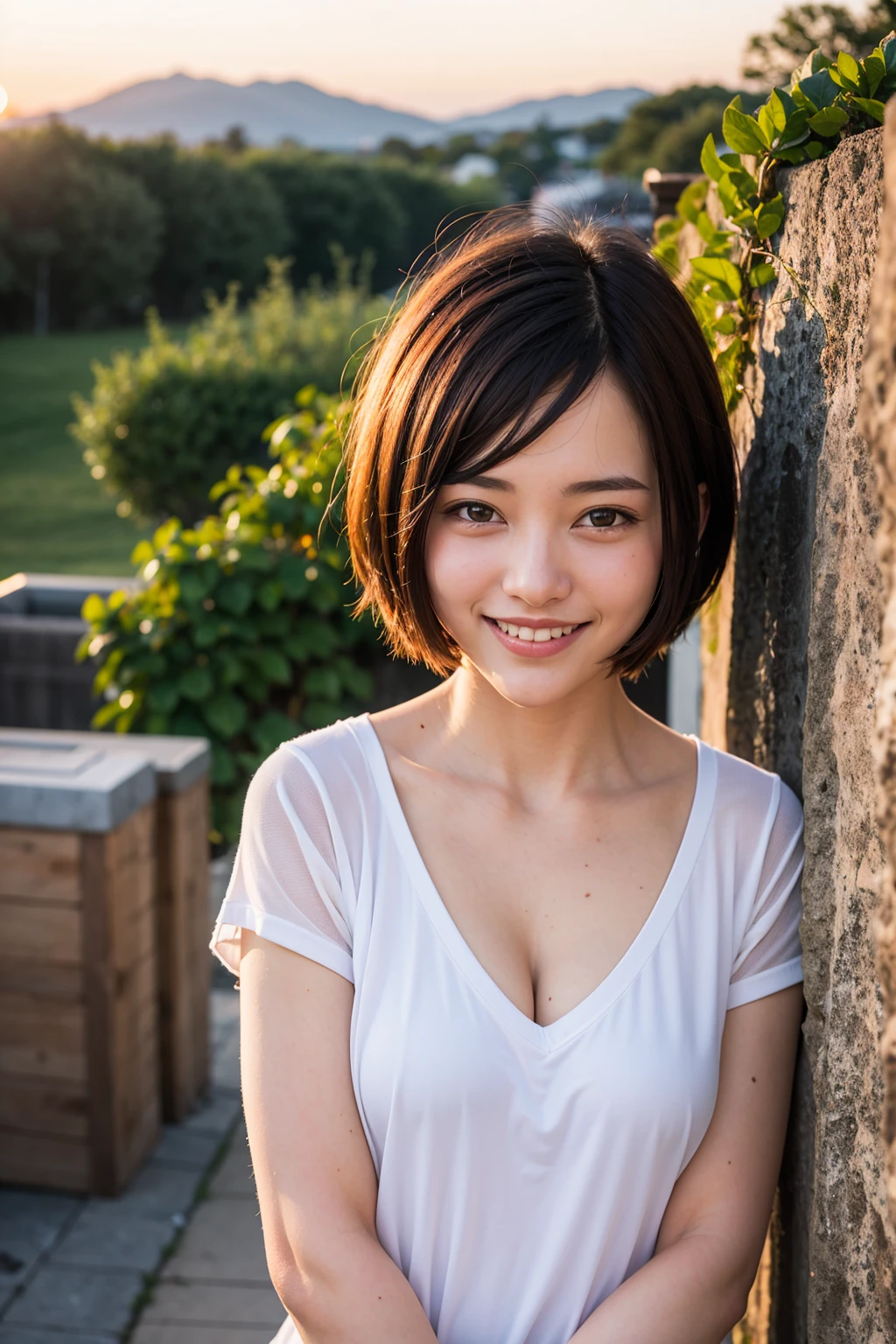 Top quality, 1 beautiful woman, pixie cut, shy smile, sunset