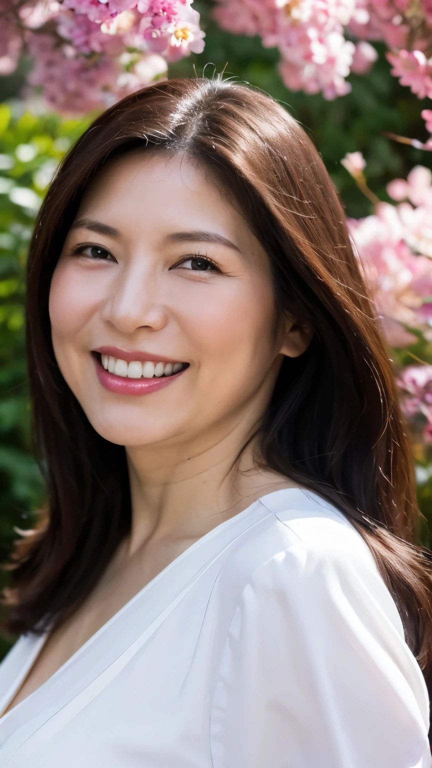 Standing in the park, Wrinkles around the eyes, Smiling with teeth showing, Plain short-sleeved clothing, senior citizen, Draw lips correctly, Red lipstick, No discomfort, 16K, Highest quality, Very detailed, Realistic, Very detailed肌, (Japanese), (alone), 60 years old, Large Breasts, , Glamour, sexy, Chromo White Skin, Staring straight ahead,