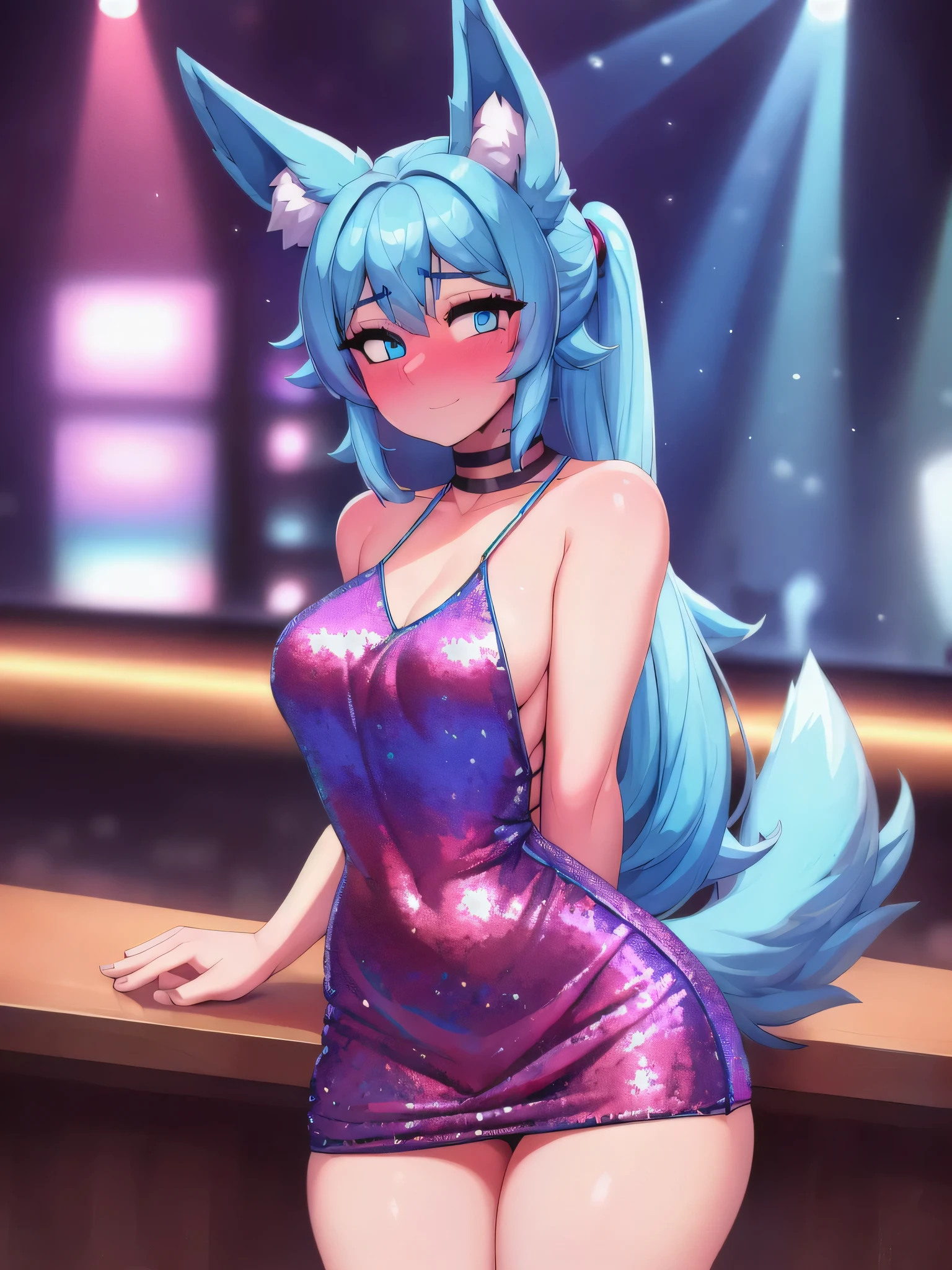 (Masterpiece) (High Detail) (High Res) A short little slim humanoid girl with pale human skin and blue eyes and long blue hair tied up in a long ponytail and blue dog ears and a fluffy blue dog tail and average breasts. She is wearing a rainbow coloured sequin dress and is stood at the bar in a nightclub. She has blushing cheeks, but looks shy.