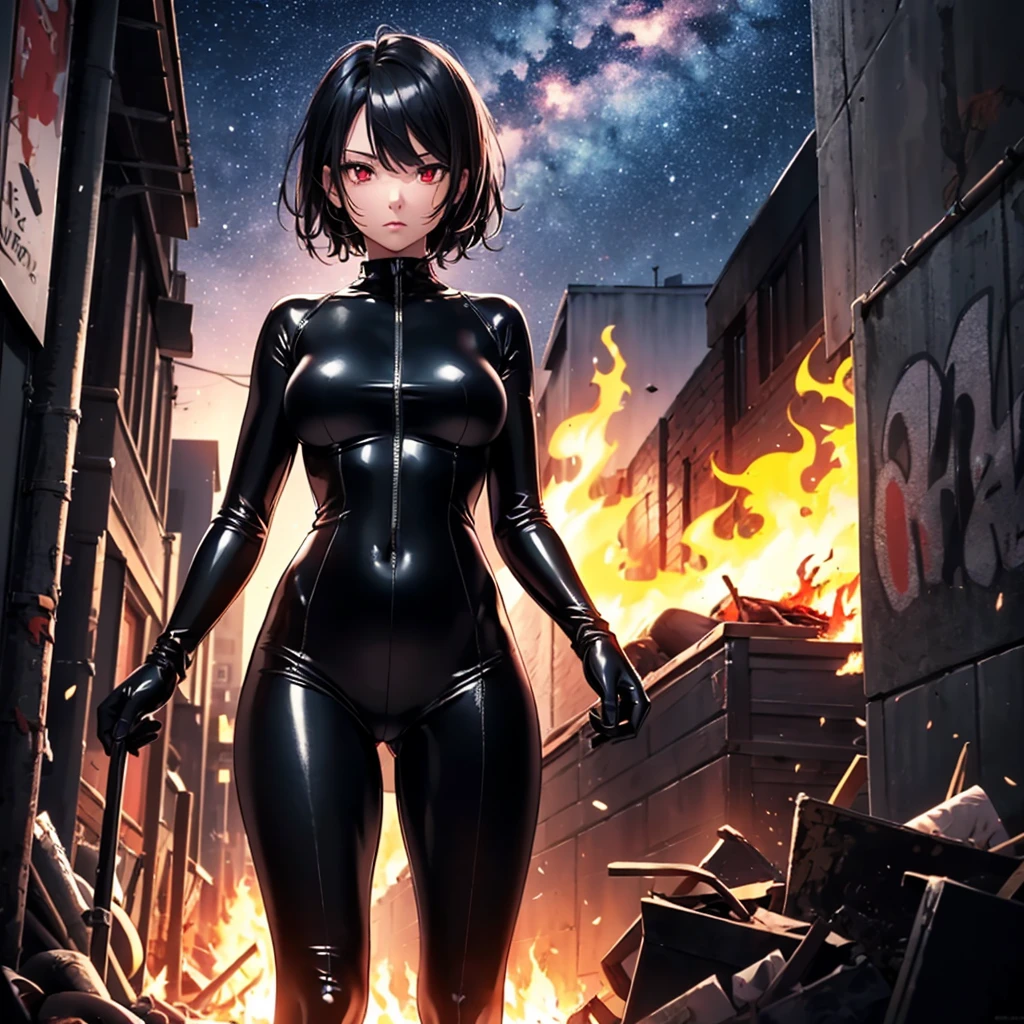 Top-quality, best quality, masterpiece, 1girl(22 years old, short black hair, red eyes, medium breasts, slender body), superhero, full latex bodysuit(jet black, flame highlights, oval opening at stomach), floating in the sky, looking down at viewer, aggressive stare, background(city alleyway, trash, dirt, graffiti walls, dark sky, night sky, fire behind model)