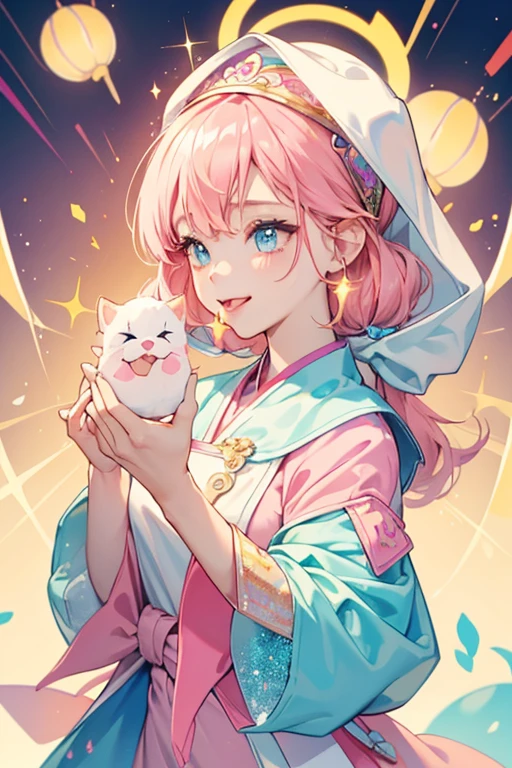 Delish Destiny is a fortune cookie GIRL dog with peachy cheeks and her tongue sticking out. White frosting covers her head and drips down the side, covered in pink, light blue, and yellow sprinkles. Her fortune sticks out of the side. SPARKLE; GLITTER