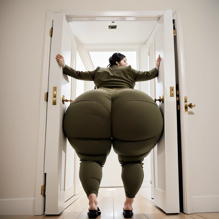 masterpiece, 1girl behind a doorway, from behind, (doorstuck, stuckback:1.3), ssbbw ,huge wide hips, round belly, thick thighs, giant ,colorful clothing, wearing a olive green suit and tie and formal pants, upset, desperately trying to wiggle through, she tries to free herself but she won't budge, she is stuck tight view from behind, she is too wide, the doorway is quite narrow too, she kicks her legs furiously, trying to wiggle her hips through the small door, but its no good, the door is too small, she keeps trying to squeeze through with frustration, she is stuck too tight