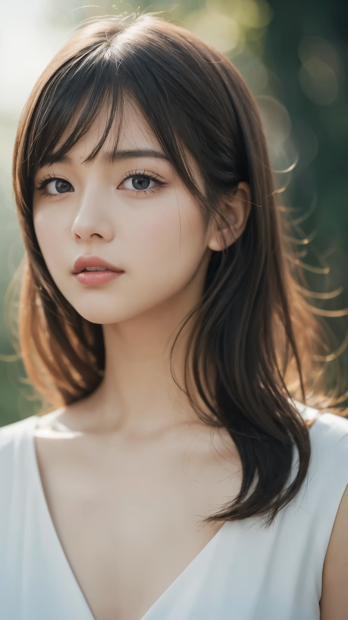 nsfw, masterpiece, Highest quality, 8k, 1 girl, 20 I, Looking into the camera、((Shortcuts))、Vague expression, close, close up of face, alone, cute, Girlish, Delicate girl, Pure beauty, RAW Photos, Professional photography, Portraiture, Soft Light, Professional Lighting, Backlight, I look forward to seeing you, Sophisticated, Film Grain, (Eye and facial details:1.0), Big breasts and long hair floating, one piece、Beautiful, flowing hair, Hunchback、bangs, (Body facing forward,Face to face:1.3), whole body