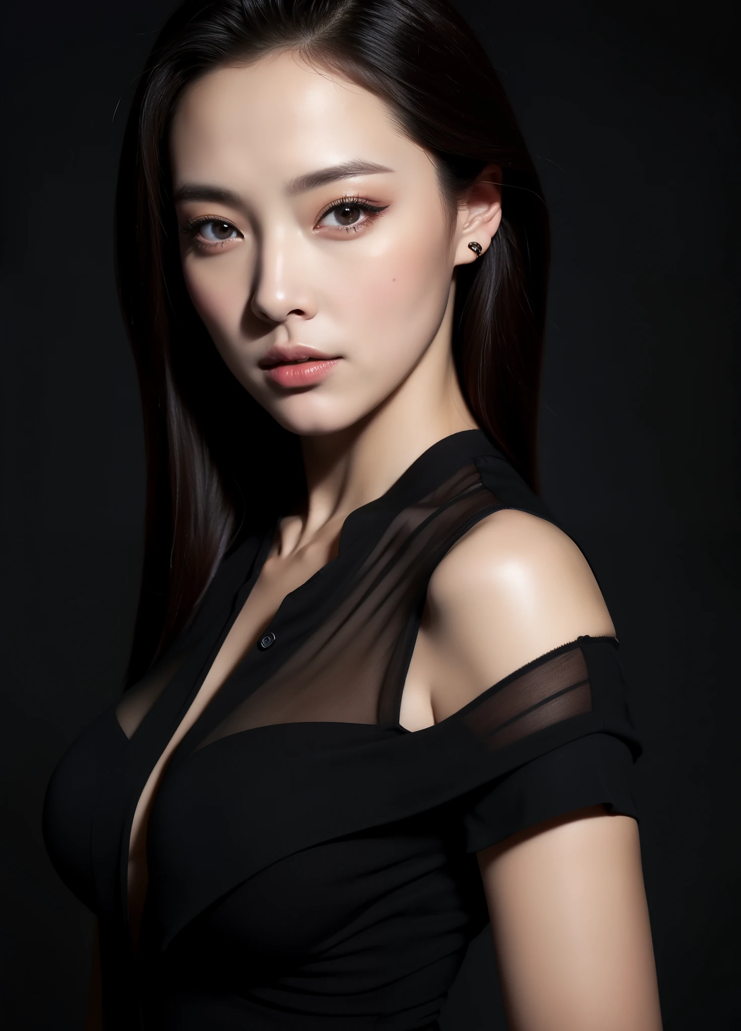 masterpiece,best quality, (one lady), ((portrait:1.5)), makeup, elegant black shirt, lewd, erotic, touch own chest, ((seduction expression)), ,background black