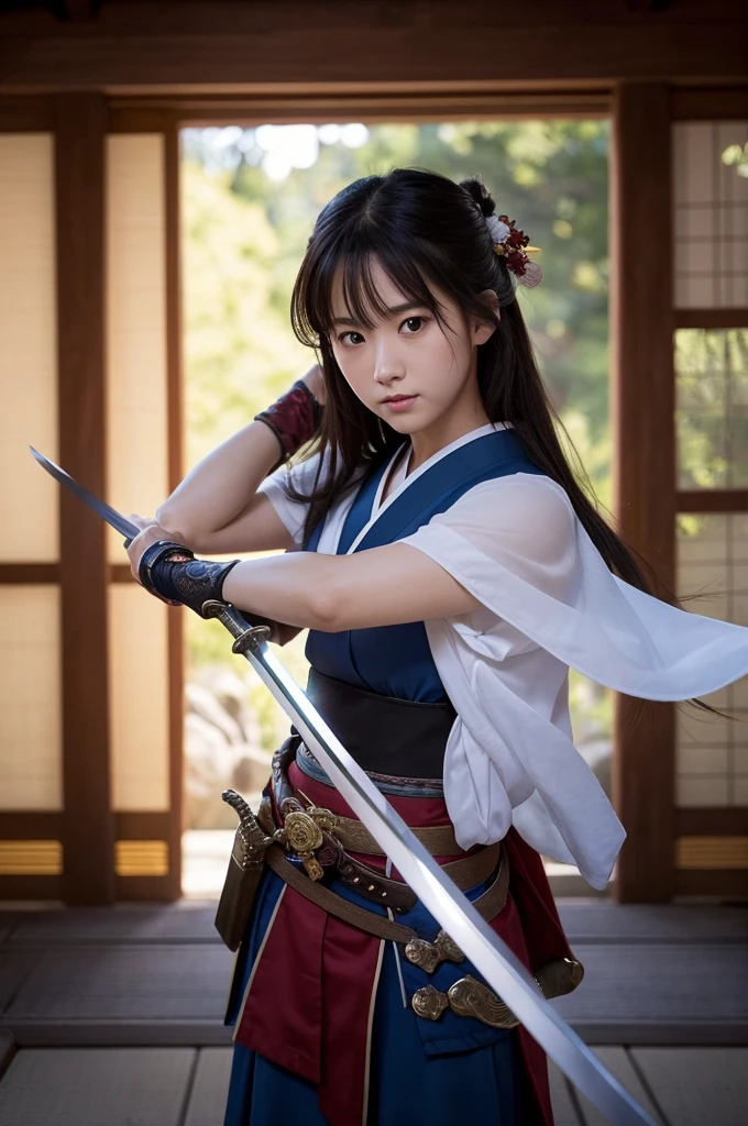 **Prompt Content**:
In the temple grounds at night、This is a scene where a beautiful Japanese girl with a sword shows off her magnificent sword skills.。Light effects fly around her.、It emphasizes the dynamic movement。
**Background features**:
A traditional Japanese room is depicted in the background.。Soft moonlight filtering through the shoji screen and the trees in the garden々I can see、The atmosphere is one of tension in the silence.。
**Features of the costume**:
The beautiful girl's costume is a thin traditional kimono.、It is designed with ease of movement in mind.。The sleeves and hem are wide、It dances beautifully with your movements.。The thin fabric reflects light、It brings out the elegance of the swordsmanship.。
**Posing**:
The beautiful girl raised her sword high in one hand.、Step forward while using your other hand for balance。This pose allows you to feel the powerful movement of your whole body.。The expression of concentration and determination、The eyes are fixed sharply ahead。
**Photographic Techniques**:
Making good use of light effects、The movement of the sword and the trajectory of the light are expressed realistically.。Using a shallow depth of field、While emphasizing the presence of beautiful girls、The background is moderately blurred。Depending on the composition of the vertical screen、It emphasizes the dynamism of the movement and the vertical expansion.。Overall, ultra-realistic live-action techniques are used.、The scene is meticulously drawn down to the last detail.。