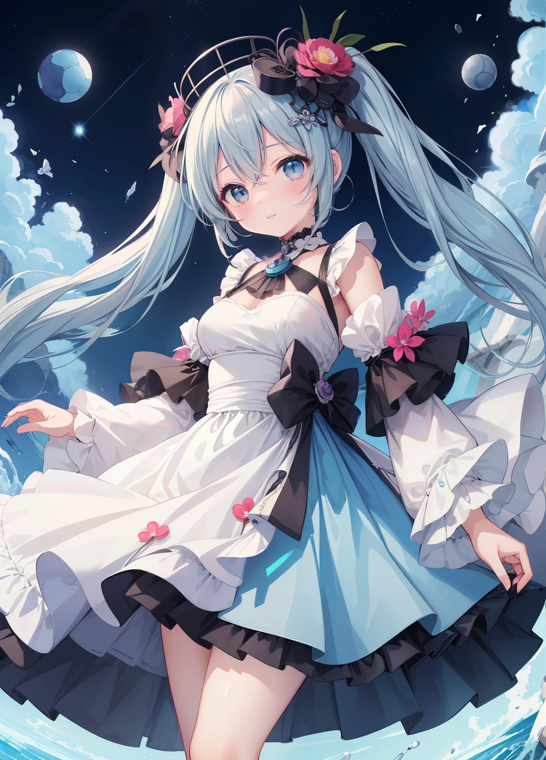 (masterpiece、Highest quality、Highest quality、Official Art、Beautiful and beautiful:1.2)、(One girl:1.3)Hatsune Miku、Twin tails,Beautiful breasts, Katsushika Hokusai,so beautiful, well-groomed girl, With clean skin, Normal functions, Beautiful Lips, And there was a faint smile on her face. Beautiful appearance, Modern clothing, Cool and modern couture dresses. Presentation Background, Neutral Gray Blue, In virtual space. Highest quality, 16,000 people.. Full HD, Cinematic Rendering. Create a work of art, Sharing Baby Miquela's Unique Beauty.., Famous digital influencers. Check out her unique facial expression, When she looks straight into the camera., I tried to capture the intensity in her piercing blue eyes.. Capture her signature style with a Spanish hairstyle., Styled with two carefully crafted hair pieces.. Add details, It reflects her glamorous and avant-garde personality... We handled it, Conveying an atmosphere of modernity and originality, Lil Miquela's unique place in the digital world. ., Few freckles or birthmarks, Short Hair, Wrapped