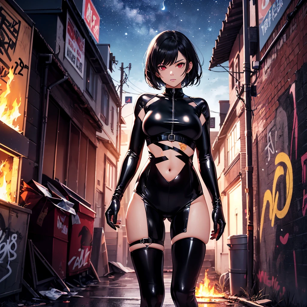 Top-quality, best quality, masterpiece, 1girl(22 years old, short black hair, red eyes, medium breasts, slender body), superhero, full latex bodysuit(jet black, red highlights, small oval opening at stomach), floating in the sky, looking down at viewer, aggressive stare, background(city alleyway, trash, dirt, graffiti walls, dark sky, night sky, fire behind model)