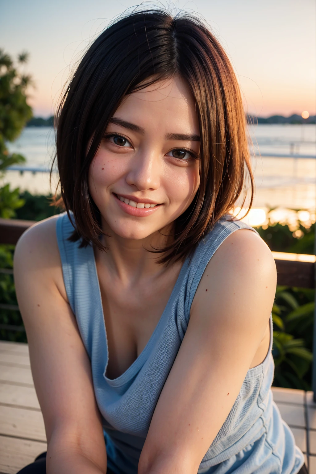 Top quality, 1 beautiful woman, pixie cut,  shy smile, sunset