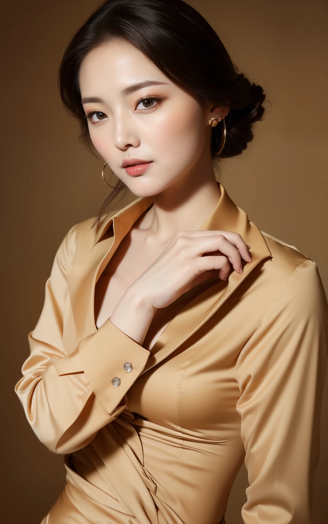 masterpiece,best quality, (1 milf), ((portrait:1.5)), ((looking at the viewer)), makeup, elegant beige shirt, touch own chest, ((seduction expression)),