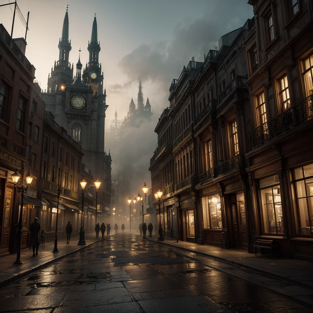 Create a dark and surreal steampunk scene set in a deserted street. The focus of the image should be on floating saxophones and antique clocks:
Floating Saxophones: Include several saxophones floating in mid-air throughout the scene. These saxophones should have a shiny, metallic appearance with intricate steampunk details like gears, pipes, and brass fittings. Position them at various angles and heights to create a sense of dynamic movement.
Floating Clocks: Add multiple antique clocks suspended in the air. The clocks should feature ornate designs with visible mechanical mechanisms, brass and copper elements, and detailed clock faces. Arrange them at different angles and distances to enhance the surreal effect.
Atmospheric Background: The scene should be filled with dense fog or mist, contributing to a mysterious and abandoned atmosphere. The fog should partially obscure the floating elements to create a sense of depth and enigma.
Steampunk Details: Integrate subtle mechanical gears, cogs, and brass pipes into the environment, enhancing the overall steampunk aesthetic.
Ensure the overall mood is dark and enigmatic, with a touch of psychedelia to evoke a dreamlike quality