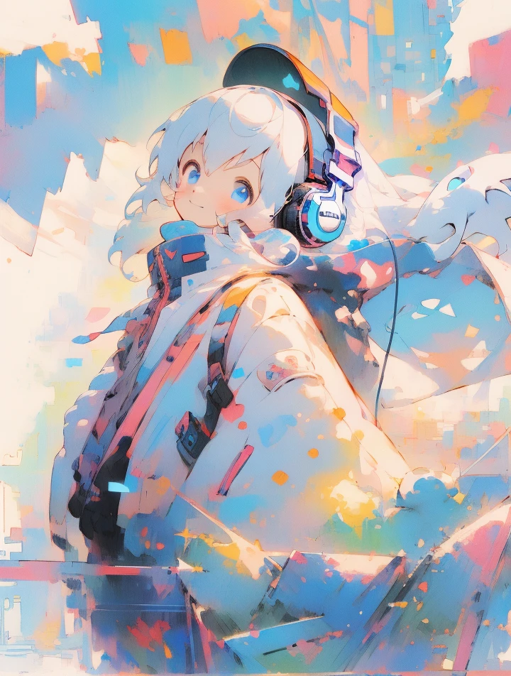  anime Kawaii  
character、Cute Girls、One girl、
Big Mouth、Small Nose、Cat eyes covering half of the face、smile、
solo, One girl, , Shy, Illustration, chest, 
Headphones, Headphones, Headphones, 
A background completely filled with scattered musical notes in various sizes and colors, covering the entire screen.
High resolution, abstract, High resolution, Blue eyes, masterpiece, accurate, Anatomically correct, Winner of numerous awards, Highest quality, impressionism, Illustration, Super detailed, Super detailed、Face up、
image bear、


White Hair、