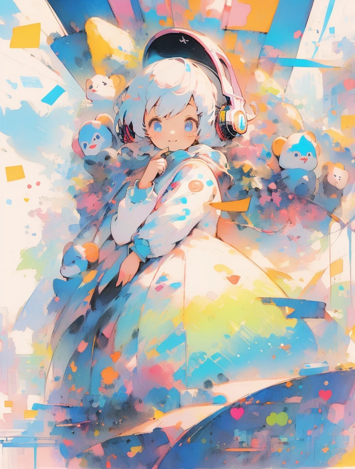  anime Kawaii  
character、Cute Girls、One girl、
Big Mouth、Small Nose、Cat eyes covering half of the face、smile、
solo, One girl, , Shy, Illustration, chest, 
Headphones, Headphones, Headphones, 
A background completely filled with scattered musical notes in various sizes and colors, covering the entire screen.
High resolution, abstract, High resolution, Blue eyes, masterpiece, accurate, Anatomically correct, Winner of numerous awards, Highest quality, impressionism, Illustration, Super detailed, Super detailed、Face up、
image bear、


White Hair、