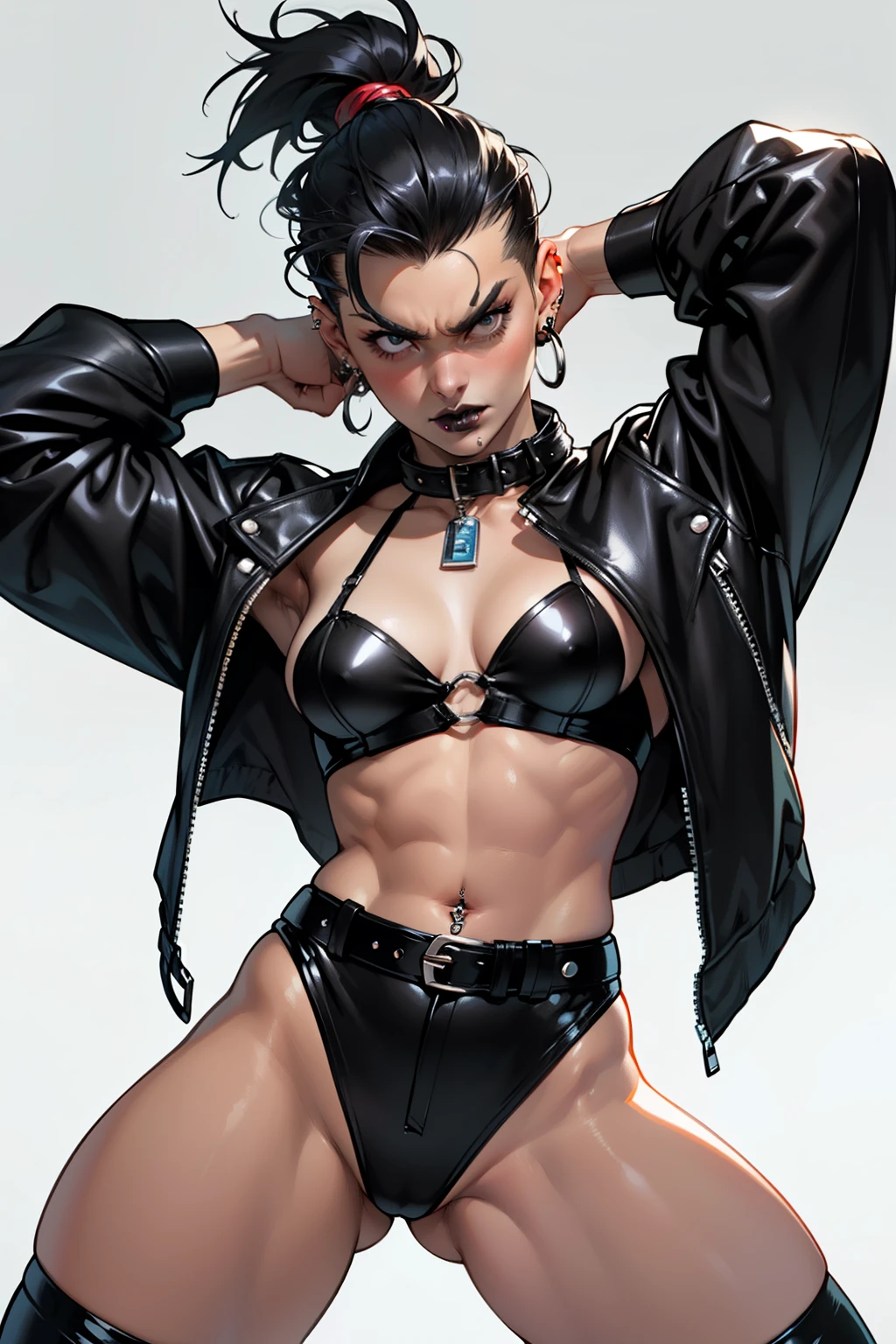 (high resolution, pixel perfect, gorgeous illustrations), (hyper quality, muste piece, etheric: 1.4), ((nsfw)), (((cowboy shot))), face focus, ((1girl)), (((age girl))), 18 years old, (female savage), (((((open stance))))), cool atmosphere, black hair, (((((very_short_hair, slicked_back_hair))))), ((piercing, lip_piercing, eyelid_piercing, nose_piercing)), Exquisite face, ((angry)), (((black_lips))), (muscular_female), (thick thighs, wide hips, small breasts), fighter, (((dominatrix))), show off nipple, shiny skin, gleaming skin, simple background,