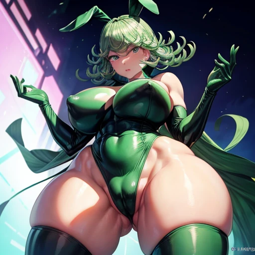 Tatsumaki,huge ass, giant ass, huge thighs, giant thighs, super tight sexy bunny suit that gets into her buttocks and vagina, facing you showing you her tits , blushing, say Chinese underwear