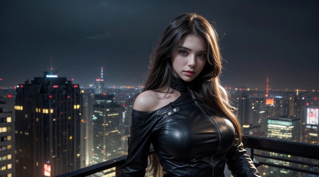 ((masterpiece, best quality, Highest image quality, high resolution, Reality, RAW photos, 8K)), Future city ruins，standing on top of the building，Beautiful girl，Tight leather jacket，Off-shoulder，Large Breasts，Long hair，Black Wings，Pretty face，Closed mouth，dramatic，Mid-range portrait，dusk
