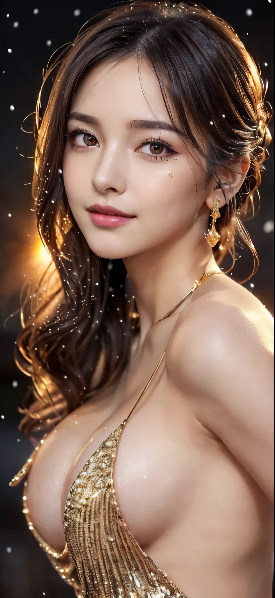 (((masterpiece:1.4, Best Quality:1.4, 8K,))), ultra high res, Physically Based Rendering, Portrait, ultra Beautiful Sexy Woman, 24yo, Detailed large eyes, detailed thin eyebrows, Highlights in the eyes, half-updo dark brown hair, Highly detailed facial and skin texture, Crisp focus, Clear focus:1.2, Slender beauty:1.4, ((large breasts:1.6, breasts exposed:1.2)), Slim abs, narrow waist, Clear facial features, (embarrassed smile), On all fours, (full nudity:1.4), ((beautiful pussy exposed:1.6, pubic hair:1.4)), ((simple dark background with golden glitter:1.4, Sun Pillar:1.4, It's snowing:1.4)),