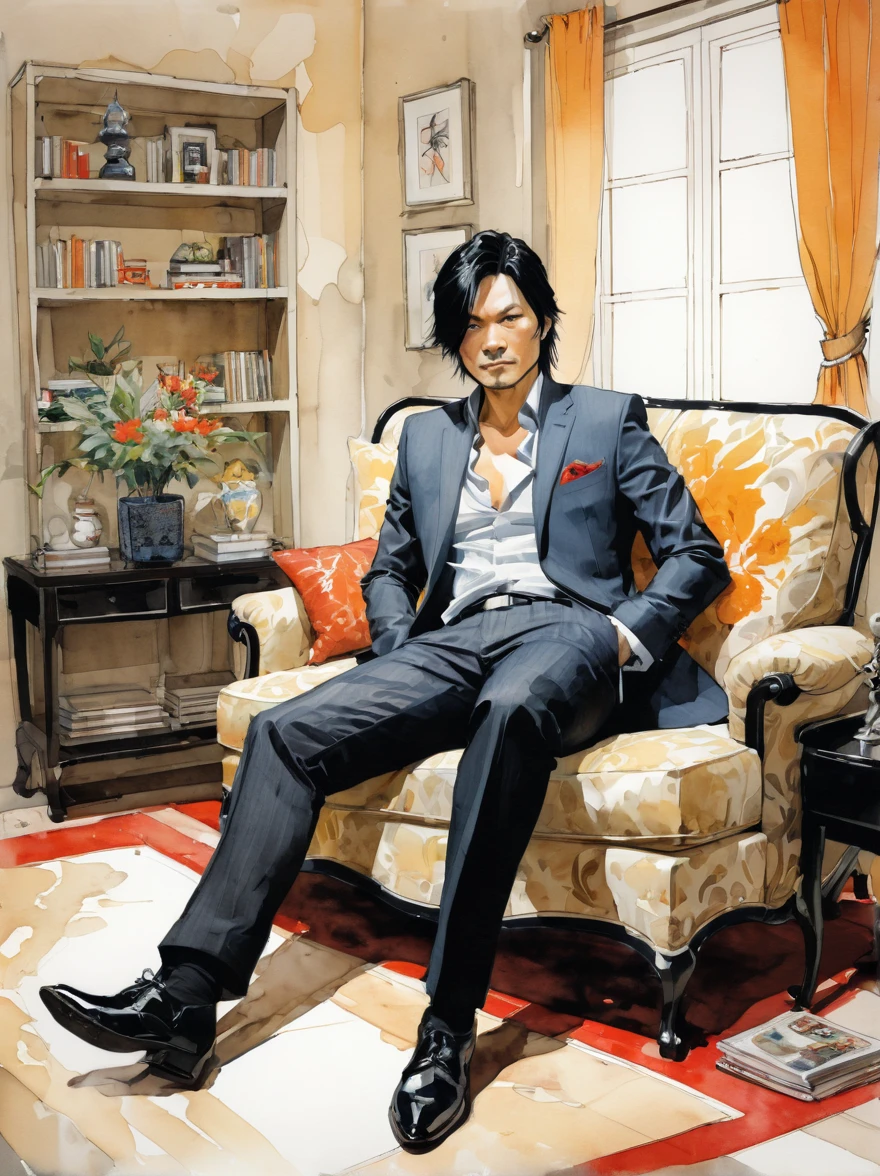 in style of Dustin Nguyen, full body portrait of character sitting in the living room