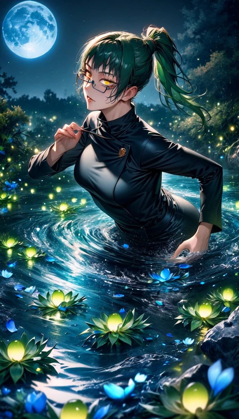 absurdres, highres, ultra detailed, HDR, master piece, Zenin Maki, expressive yellow eyes, green hair tied in a ponytail, black glasses, Jujutsu Kaisen, woman, water, extremely beautiful, best quality, flowers, fantasy, magical, solo, blue shining fireflies, blue petals, black shirt, blue moon