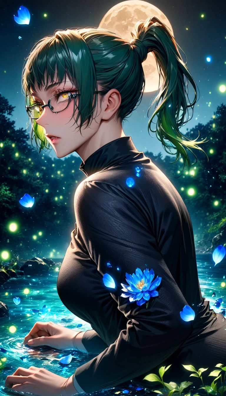 absurdres, highres, ultra detailed, HDR, master piece, Zenin Maki, expressive yellow eyes, green hair tied in a ponytail, black glasses, Jujutsu Kaisen, woman, water, extremely beautiful, best quality, flowers, fantasy, magical, solo, blue shining fireflies, blue petals, black shirt, blue moon