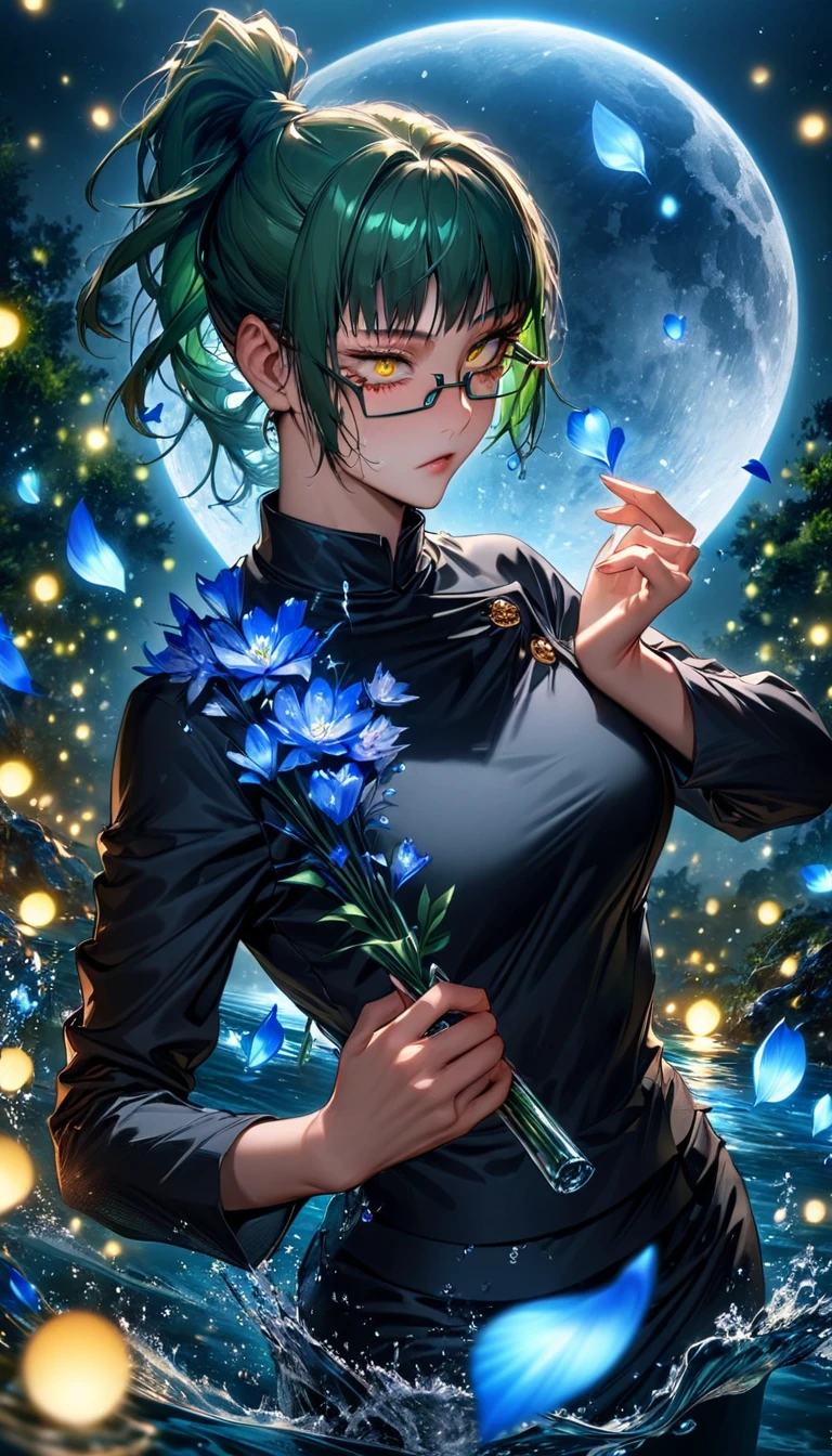 absurdres, highres, ultra detailed, HDR, master piece, Zenin Maki, expressive yellow eyes, green hair tied in a ponytail, black glasses, Jujutsu Kaisen, woman, water, extremely beautiful, best quality, flowers, fantasy, magical, solo, blue shining fireflies, blue petals, black shirt, blue moon