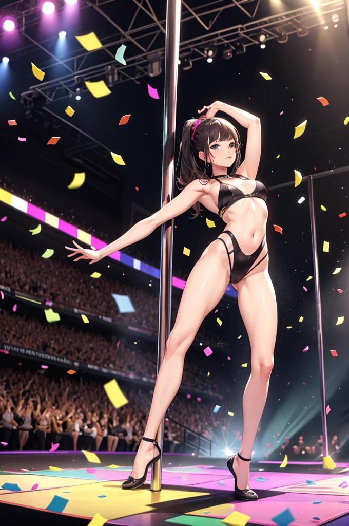 1girl, (pole dancing:1.2), squatting, open legs, arms behind head, stage,confetti