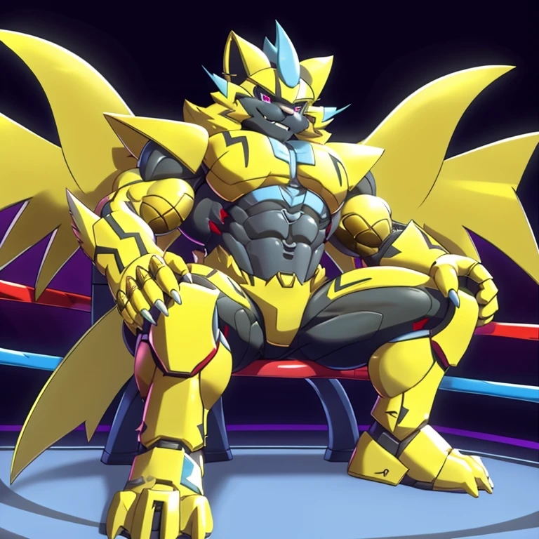 (ZERAORA, 8K), (Zeraora's giant robot, Powered exoskeleton with the same design as Zeraora), (Masterpiece, highres) (Detailed head, Detailed Body, Detailed abs, full body) (gigantic muscles, Gigachad Muscular, big muscle, pecs, triceps, traps, unusually developed muscular body, body full of huge muscles. showing off muscles, pectorales enormes, Exaggeratedly huge muscles.) (nj5furry, The claws are sharp, Sharp teeth, sharp claws), (long legs), (Spread wings, It has wings, have big wings, golden wings), (Wrestling, wrestler, the bodybuilding), (It has wings, whole body shines like metal, Wearing cyberpunk mecha, emphasizes the muscles, suit fully made of metal, intricate armor, Robotic suit, suit fully made of metal, cyborg), (black color hyper penis, hyper black penis),